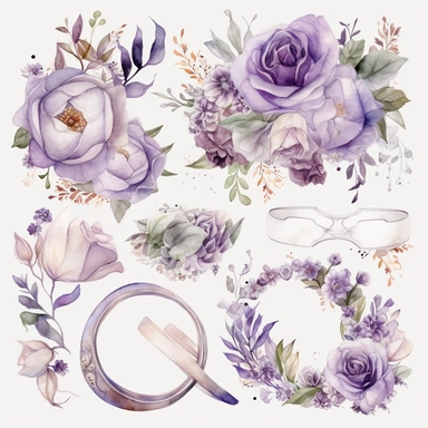 Wedding, Bride Clipart, Sweet love, Wedding arch, Wedding elements, Wedding cake, Rings, Newlyweds Car, watercolor, lilac accent, separate elements, set, 8k, print on demand image, PNG transparent background