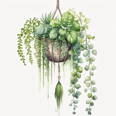 watercolor hanging green plant with macrame clipart