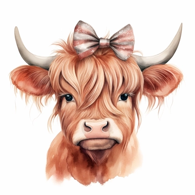 cute watercolor illustration of fullbody girl highland cow wearing hair bow on head clipart on white background