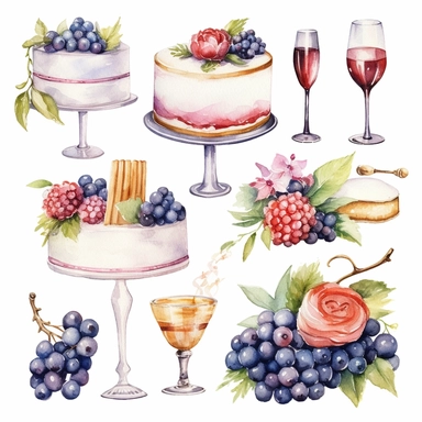 Vector collection, wedding, feast, wine glasses, balloons, ribbons, party, happiness, wedding cake, bouquet, flowers, clipart, watercolor, 8k, white background.