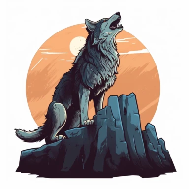 a stylized wolf with three-quarter front legs on a rock, howling at the moon, vector illustration for t-shirt, clipart, white background
