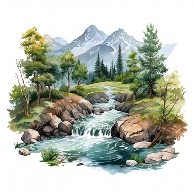 Professional gouache hand - painted illustration of Mountain River in the middle surround by trees, spring, focus on the mountain, Landscape clipart, hiking, nature, camping, white background, natural form, very detailed, deep colour, 8k