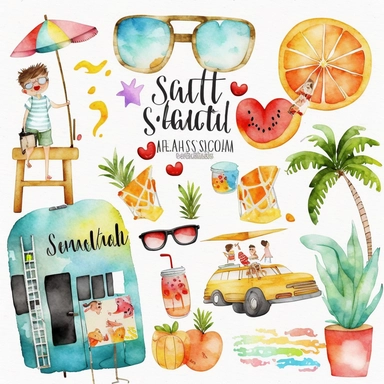 watercolor summer vacation from school clip arts, end of school year clipart, white background, no letters