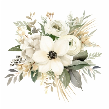 watercolor collection clipart wedding bouquet white creme beige anemones astilbs lily dahlias eucalyptus decent colors no background