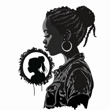 a silhouette of a young adult black girl in jeans with braids puffs holding a small mirror in her hands.. clipart