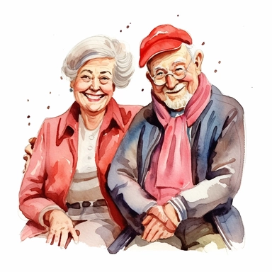 a heartwarming vibrant saturated cartoon watercolor clipart image with a white background, featuring cute sweet extremely happy elderly couple