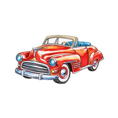 v Vintage Hand painted clipart of a Metal toy car in the style of vintage nursery kitsch Lefton, retro midcentury 1950’s, white background, contour