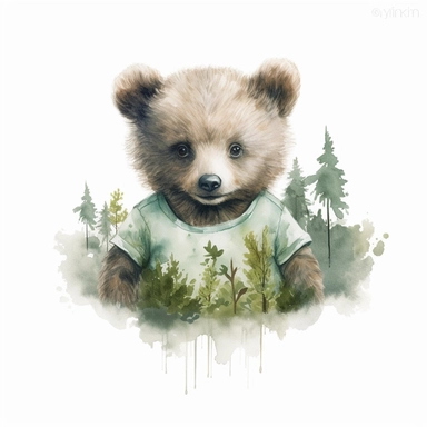 baby bear,cute bear, Baby attire,intricate,disney, hairy, cotton, baby light green,baby light blue, beautiful trees,enchanted Forest,realism, watercolor painting, enchanted Forest, solid background, white background, vintage outfit, oil painting, photobashing, tattoo design,clipart--v 5