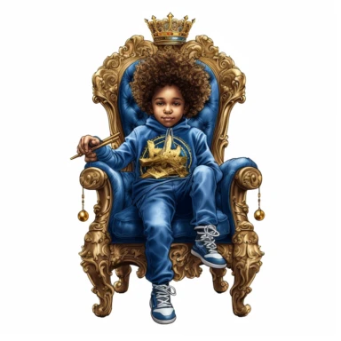 highly detailed clipart of an african american little prince wearing blue sweats and sneakers with a gold crown sitting on his curly hair while sitting on a tall royal black and gold throne chair with one leg over his knee