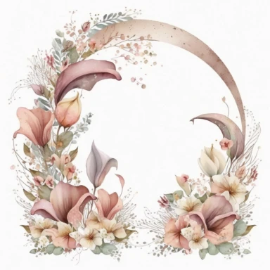 rounded horseshoe arch of lillys. clipart. watercolor. dusty pink/white pastel tones. white background