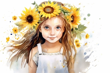 little country girl with pigtails and freckles, wearing a white frilly dress, surrounded by bright sunflowers, illustrative watercolour, cartoon style, clipart, white background,hyper detailed