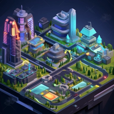 isometric perspective, game sprite, futuristic city park concept, gaming asset, sci-fi, fun, creative, cartoon, clipart, hyper-detailed, black background,
