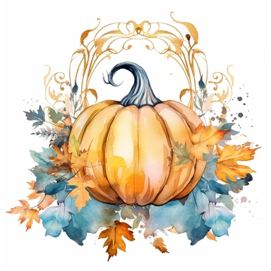 Watercolor pastel boho pumpkin with gold ornate watercolor sitting on pumpkin leaves white background. clipart