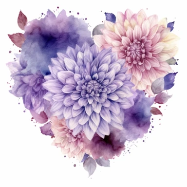 a heart shape made with Soft Purple and Pastel Purple Dahlia flowers, wet on dry watercolour style, antique look, clipart, white background