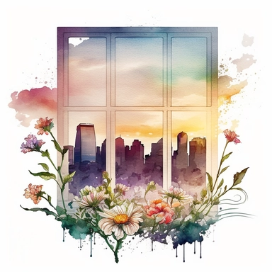 one Watercolor BIG Window WITH Chicago SUNRISE VIEW and little flowers clipart