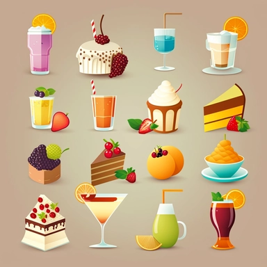 Food and drink clipart: Create a collection of clipart images featuring various food and drink items, such as fruits, vegetables, desserts, coffee, tea, and cocktails
