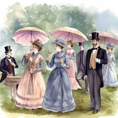 watercolor style, women in fancy Victorian dresses and holding fancy umbrellas and men in fancy suits, ties, and fabulous hats, listening to music on the lawn, clipart, digital art, illustration