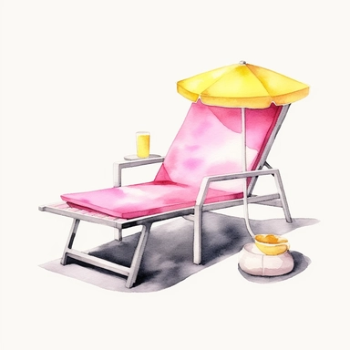 basic watercolor pink pool lounger with yellow accent in minimal hand drawn style, Etsy, textured, clipart, white background