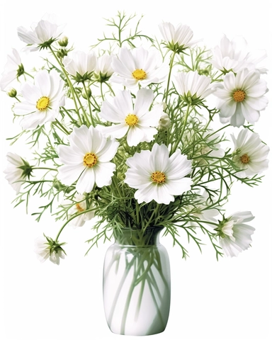 detailed vibrant watercolor bouquet of white cosmos in square plain ceramic vase white space , isolated on white background, realistic, clipart