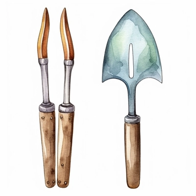 Watercolor garden tools fork and shovel, extremely detailed, illustration clipart, white background