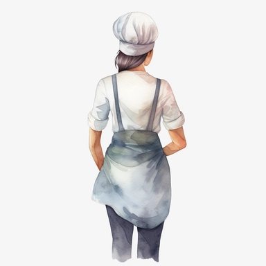 watercolor A woman's face, fullbody, back view Wearing a cook's hat back view cook cooking cooking vividly bold designs png Full body realistic cartoon in 32K UHD cute. 15 cm thick outline. There was no shadow on the ground. 8k with realistic watercolors. and detailed illustrations. PNG clipart, transparent white background