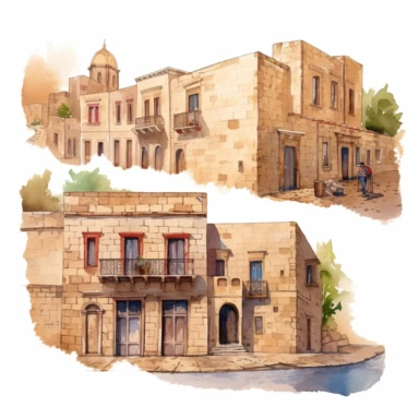 watercolor mardin town in turkiye, illustrations clipart set, simple, , cartoon elements ,different variants , historic stone houses,historic buildings, cobblestone lanes, tone facades of the buildings, Mardin's stone Alleyways separate elements with a margin