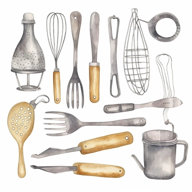basic watercolor kitchen tools in minimal hand drawn style, Etsy, textured, clipart, white background