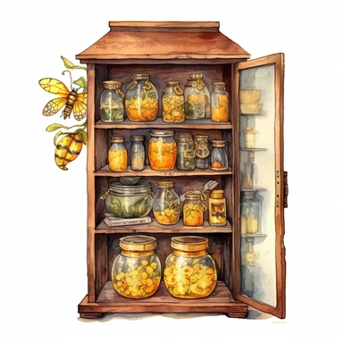 whimsical watercolour clip art curiosity cabinet with glass doors. Bee and honey themed