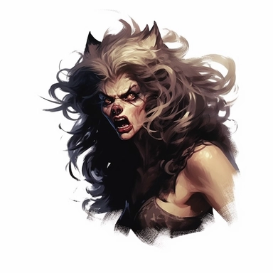 beautiful stunning pretty vintage werewolf female character, paint art style, clipart, white background, superrealistic, one of a kind