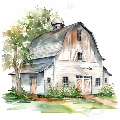 white Gambrel Roofed Barn, painted white, pretty white barn, farmyard with plants trees and farm accessories, detailed watercolor illustration, light color scheme, isolated on white background, white border, clipart