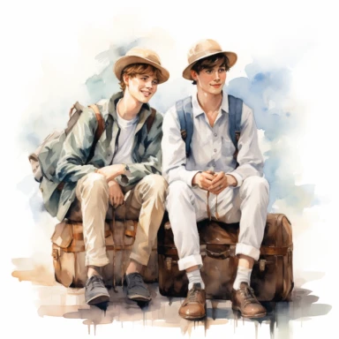 Travel Watercolor Clipart, two young men, best friends, 19 blue themed, single object, isolated on white background, highly detailed, hand painted watercolor illustration by Cath Kidston, Emma Bridgewater, png transparent background, white background for removing background - - no text shadow font watermark