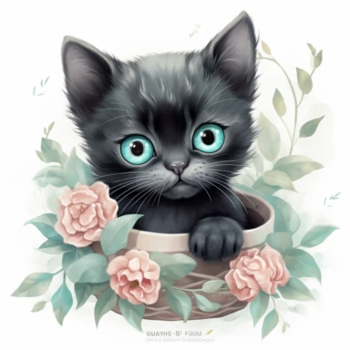 super cute newborn baby black kitten clipart with huge cute baby blue eyes extremely happy excited smiling mouth painted in watercolor style, splashes, muted pastel blush pink and muted pastel sage green and muted pastel sage blue eucalyptus and peony flowers, white background jasmine becket griffith style hyper-realistic photorealistic hd