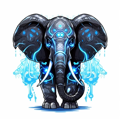 a cute and whimsical glowing tribal elephant with blue lights on his eyes, tribal animals, in the style of bold black outlines, manhwa character design, master of shadows, burned/charred, himalayan art, dark black and light azure, 2d game art, quadratura, clipart, on white blackground