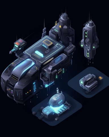 isometric perspective, game sprite, futuristic small spaceship hanger concept, gaming asset, sci-fi, fun, creative, cartoon, clipart, hyper-detailed, black background,