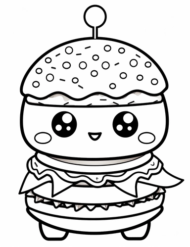 Visualize a kawaii burger with cute eyes and a happy expression. Add colorful toppings like lettuce, tomato, cheese, and a sesame seed bun. For Simple Coloring page,Big eyes,line art, thick lines, black and white,clipart, illustration, on white background,Detailed,Details
