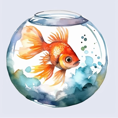 Watercolor fish bowl clipart, white isolated background, space out, hd