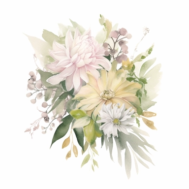 Watercolour sketch, floral bouquet, simple, clipart, white background, pale delicate tones, naturecore, bloomcore