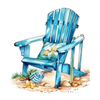 Cute Beautiful Beach Chair Tropical Watercolor Sublimation Clipart,Cartoon, hyper realistic, intricate detail, illustration style,high solution,on the white background
