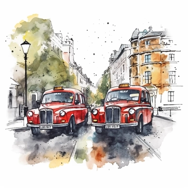 watercolor london taxis in streets, illustrations clipart set, simple, , cartoon elements ,different variants , separate elements with a margin - @Lookfar (fast) Image