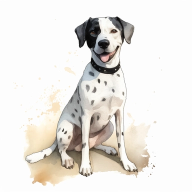 Create a charming watercolor illustration of a big white dog with a few small black spots on its body. The dog has black ears and a black spot around its right eye. The coat is short and chubby, with droopy ears that are not too big. This minimalist watercolor style should feature the full body of the dog, including its adorable face with big, expressive eyes. Perfect for adding a touch of cuteness to children's books or other design projects. watercolor whole doodle dog white and grey, super cu