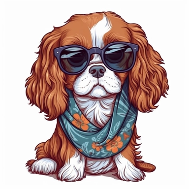 funny kawaii Cavalier King Charles with Balenciaga sunglasses and cool bandana or necklaces,cute illustration, clipart, white backgound, Cuttable Design