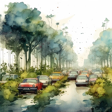 watercolor clipart overgrown nature on a road with abandoned cars queuing in traffic