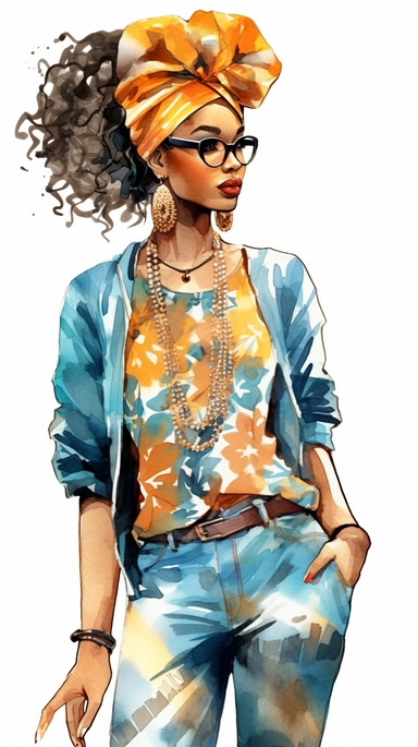 A vibrant watercolor illustration featuring an African American girl with a unique sense of beauty and style. Her hair is depicted with intricate textures and patterns, showcasing her natural beauty. The girl is shown in a fashionable outfit, exuding conf