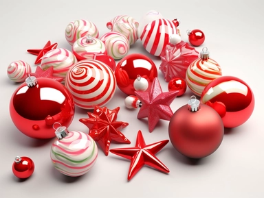 A 3D clipart of various Christmas ornaments including stars, baubles, and candy canes.