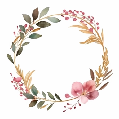 modern gold circular frame with pink greenery for wedding invitation, watercolor clipart, minimalist, isolated white background, 8k