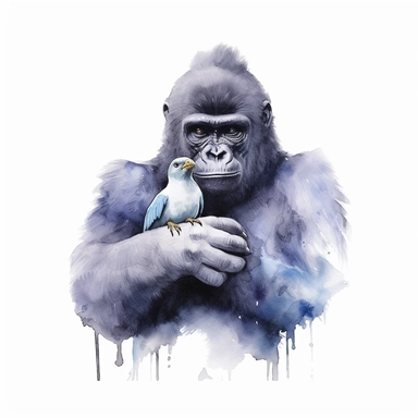 realistic watercolor gorilla holding a bird with its 2 hands on solid white background, clipart