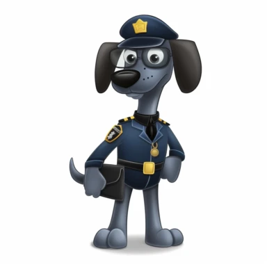 a cartoon dog dressed as a police office, clipart, 2d, white background, spaced out,