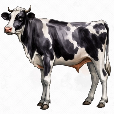 watercolor, Cows Dairy cows have udders: One of the most common farm animals,png Full body realistic cartoon in 32K UHD cute. 15 cm thick outline. Black color. There was no shadow on the ground. 8k with realistic watercolors and detailed illustrations. PNG clipart, transparent white background