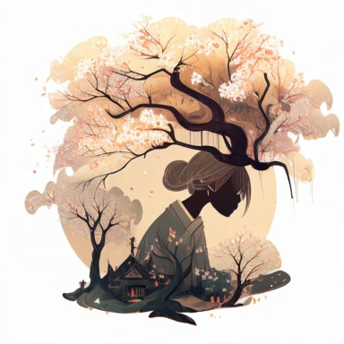 in the style of Ryo Takemasa, xuan loc xuan, Lisa Audit, Anastasia Suvorova, Jon Klassen, greg tocchini, single lady under sakura tree at night, fantasy, limpid, magical, mysterious, white background, vector, clipart, elaborate, ultra-detailed, best quality illustration, vibrant colors, high definition, UHD