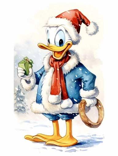 a cartoon clipart of donald duck in a santa outfit, 1960's golden book illustration, white background, watercolor